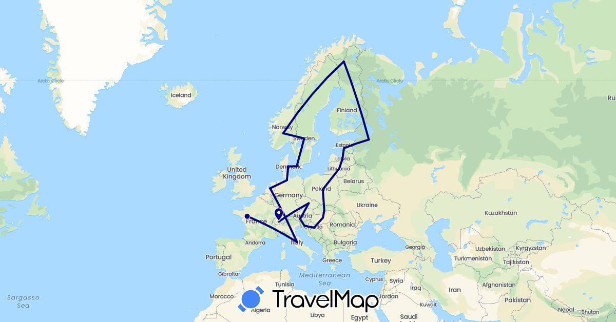 TravelMap itinerary: driving in Austria, Switzerland, Czech Republic, Germany, Denmark, Estonia, Finland, France, Croatia, Hungary, Italy, Lithuania, Latvia, Netherlands, Norway, Poland, Russia, Sweden, Slovenia, Slovakia (Europe)